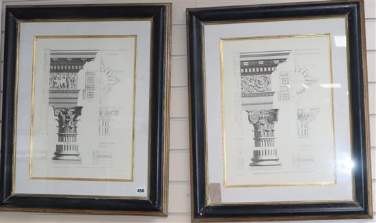 A pair of monochrome prints of Corinthian and Roman capitals 45 x 33cm